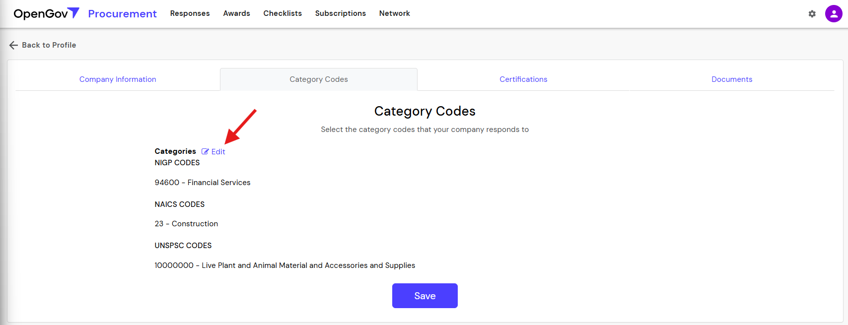 Vendor Selection of Category Codes