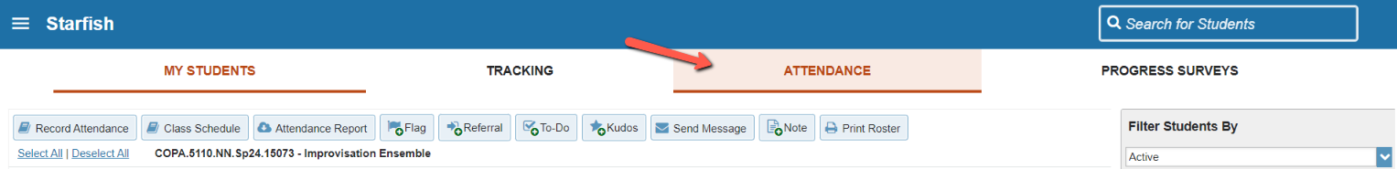 An arrow pointing at the Attendance tab 