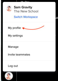 The settings menu in Guru, with a red arrow emphasizing 'My Profile' at the top of the menu options.