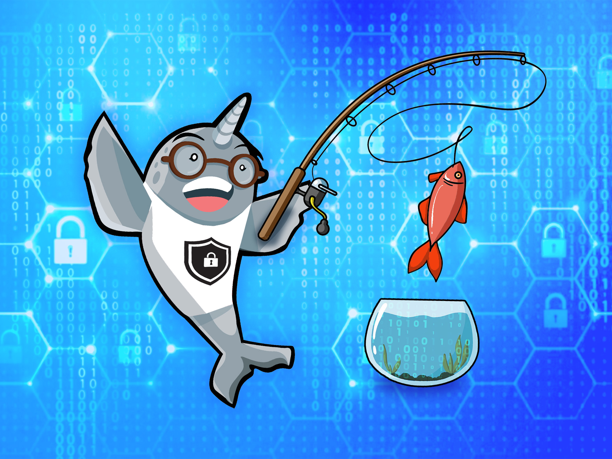 An illustration of Gnarls catching a fish out of a fishbowl against a blue background.