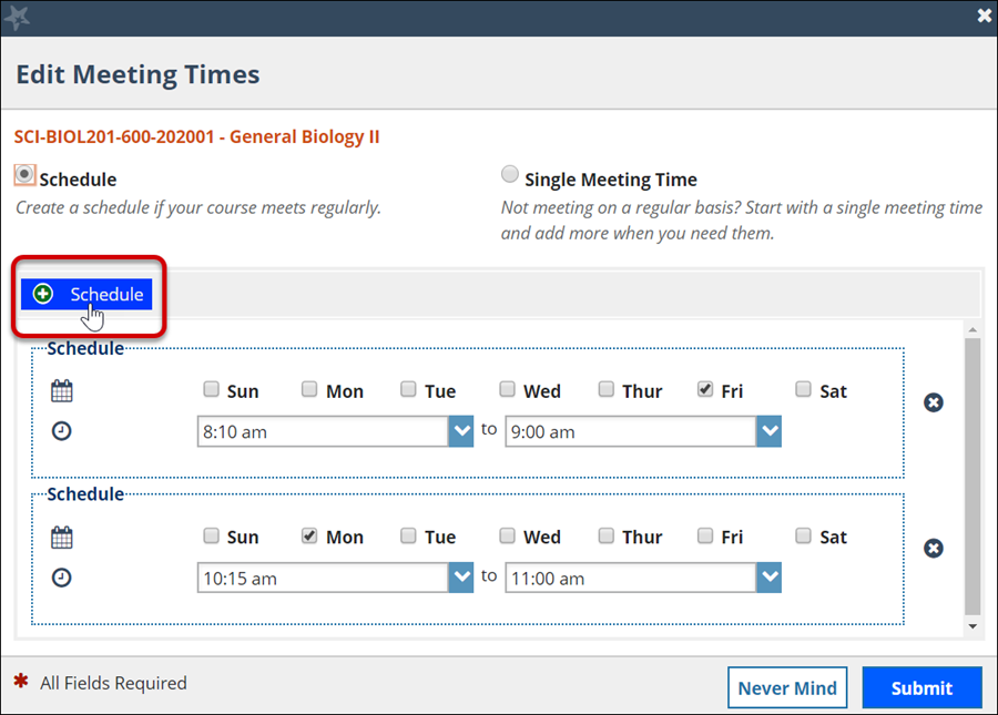 The Schedule button in the Edit Meeting Times window