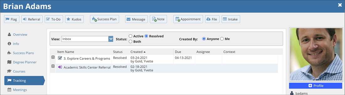 A display of a student's Tracking tab within the Student Folder