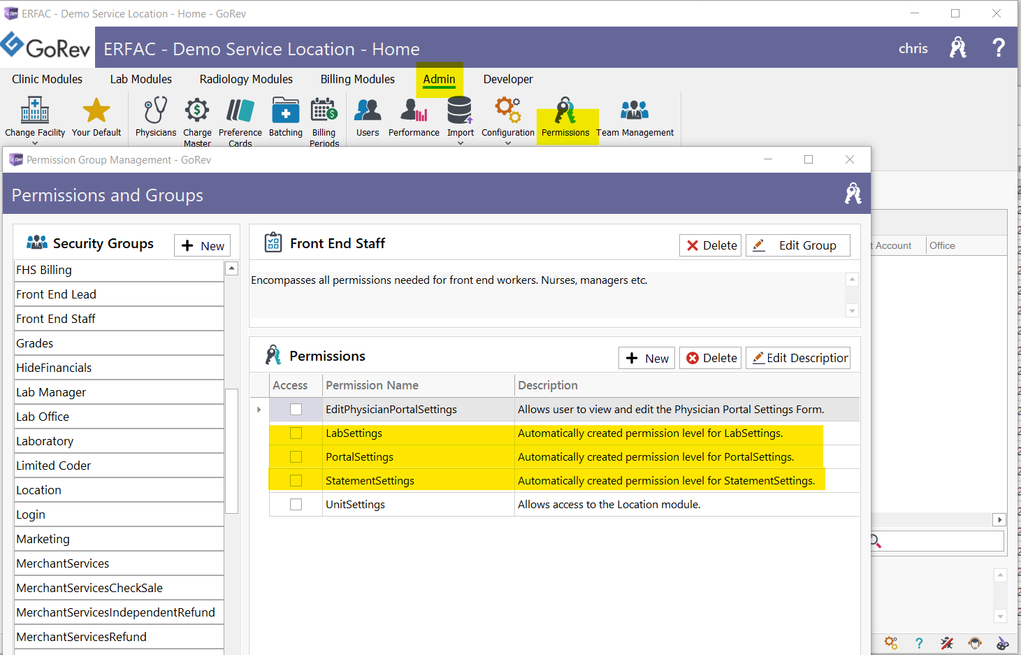 Created new permissions that restrict access to lab, portal and