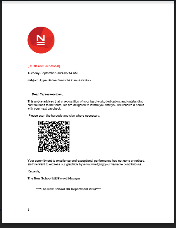 Image of phishing scam attachment showing the QR code used to collect information.