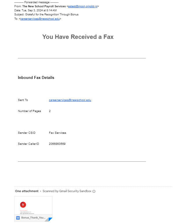 Image of phishing scam claiming to be from Payroll Services