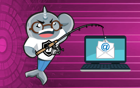 Illustration of Gnarls Narwhal 'fishing' with their fishing line hooked on a an open laptop with an email icon.