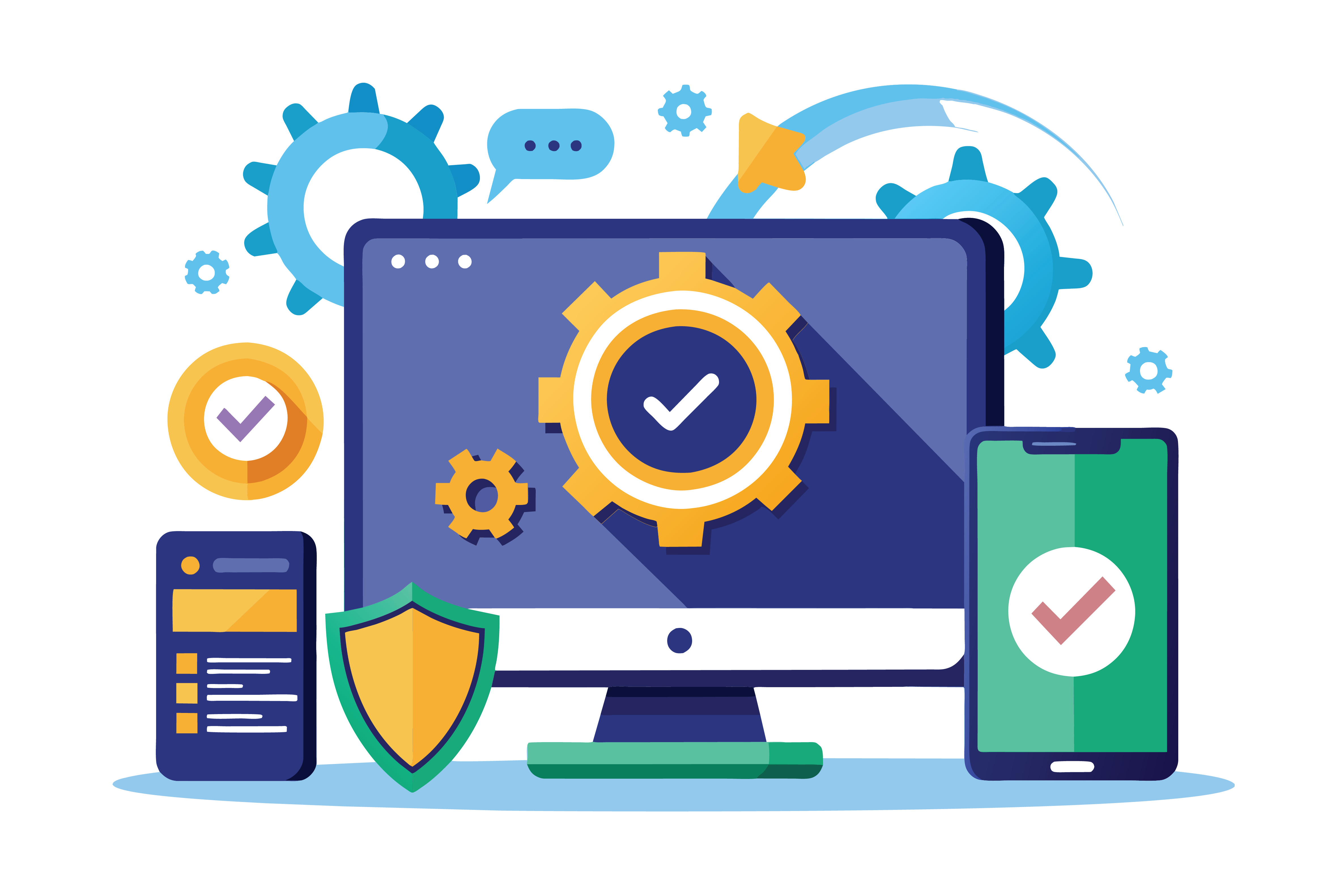 Illustration of a computer screen, tablet screen, and mobile screen showing security checkmarks.