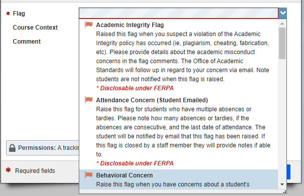 Example options in the Flag drop down menu