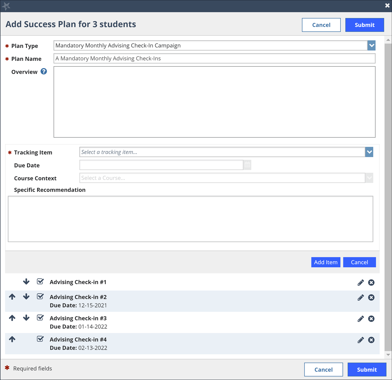 A view of the Success Plan form