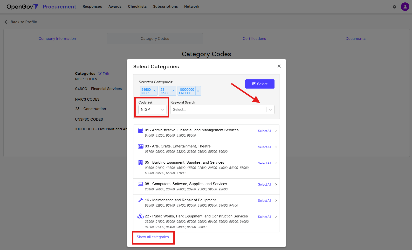 Vendor Selection of Category Codes