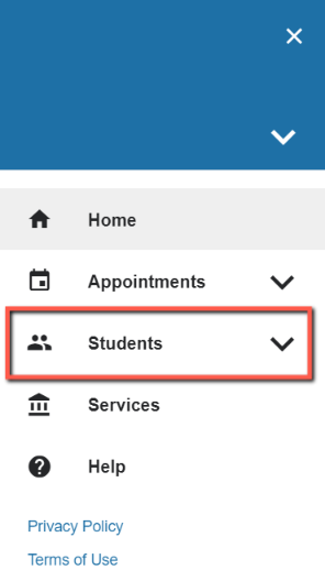 The students option within the  menu highlighted 