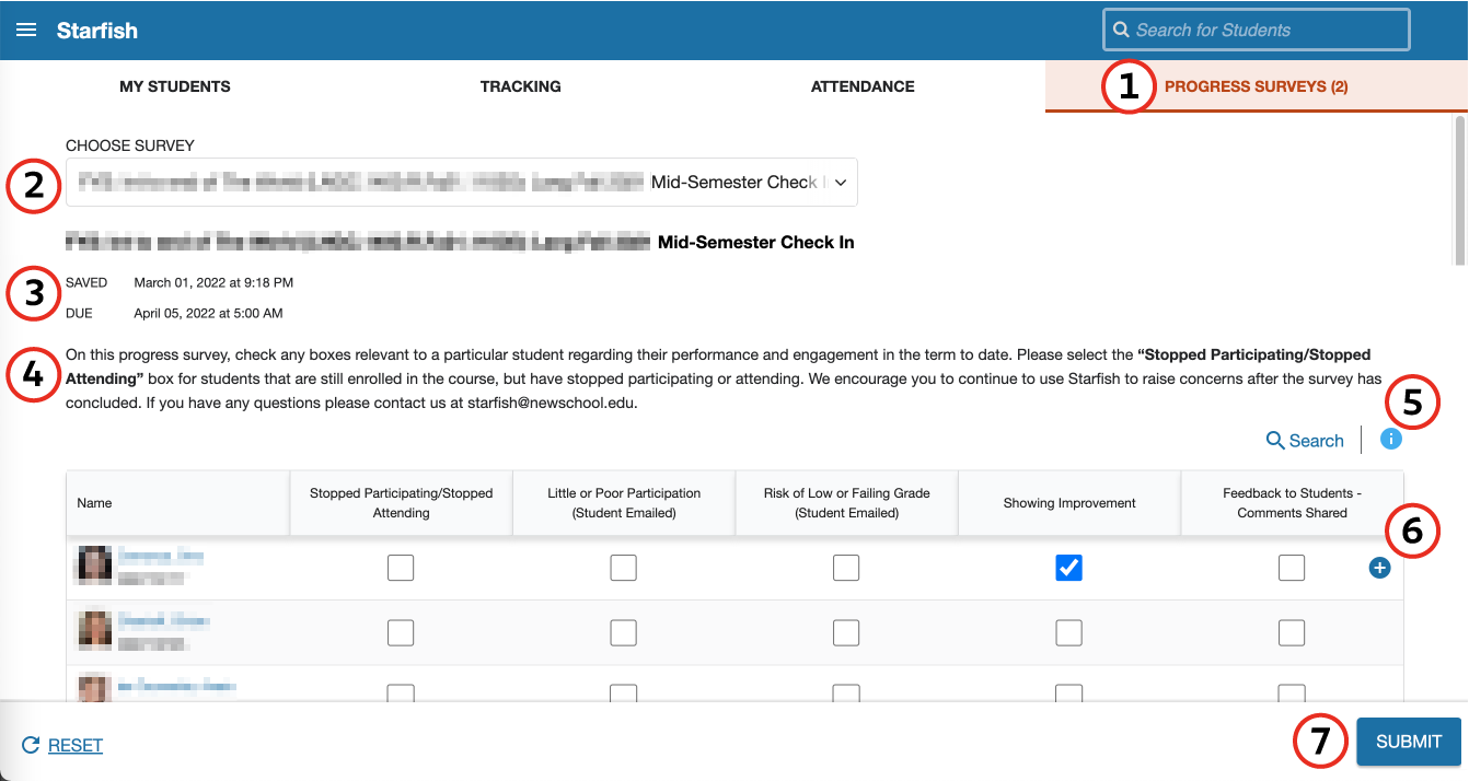 A view of the Progress Surveys tab with numbered sections 
