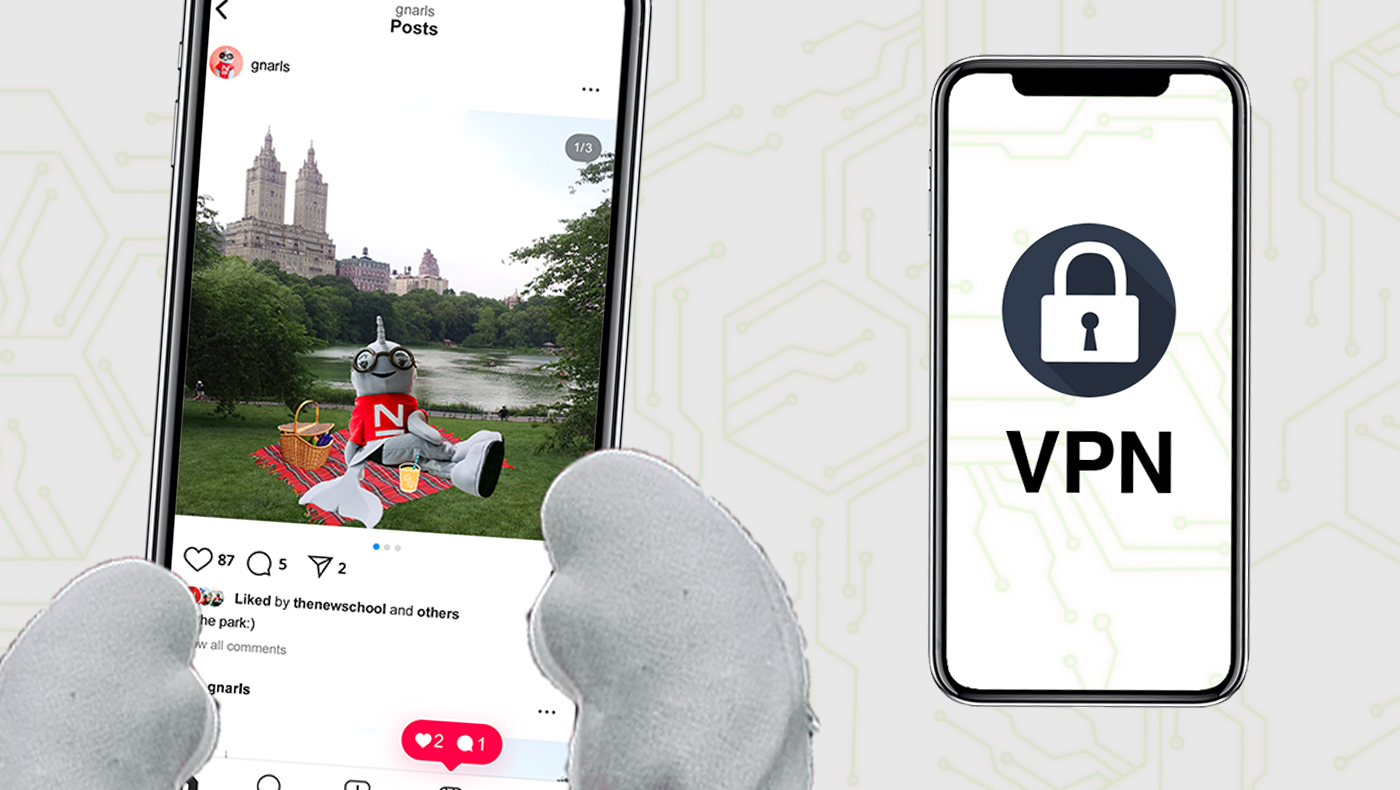 Illustration of Gnarls holding a phone with Instagram vacation pics and a separate iphone with 'VPN' written on the screen.
