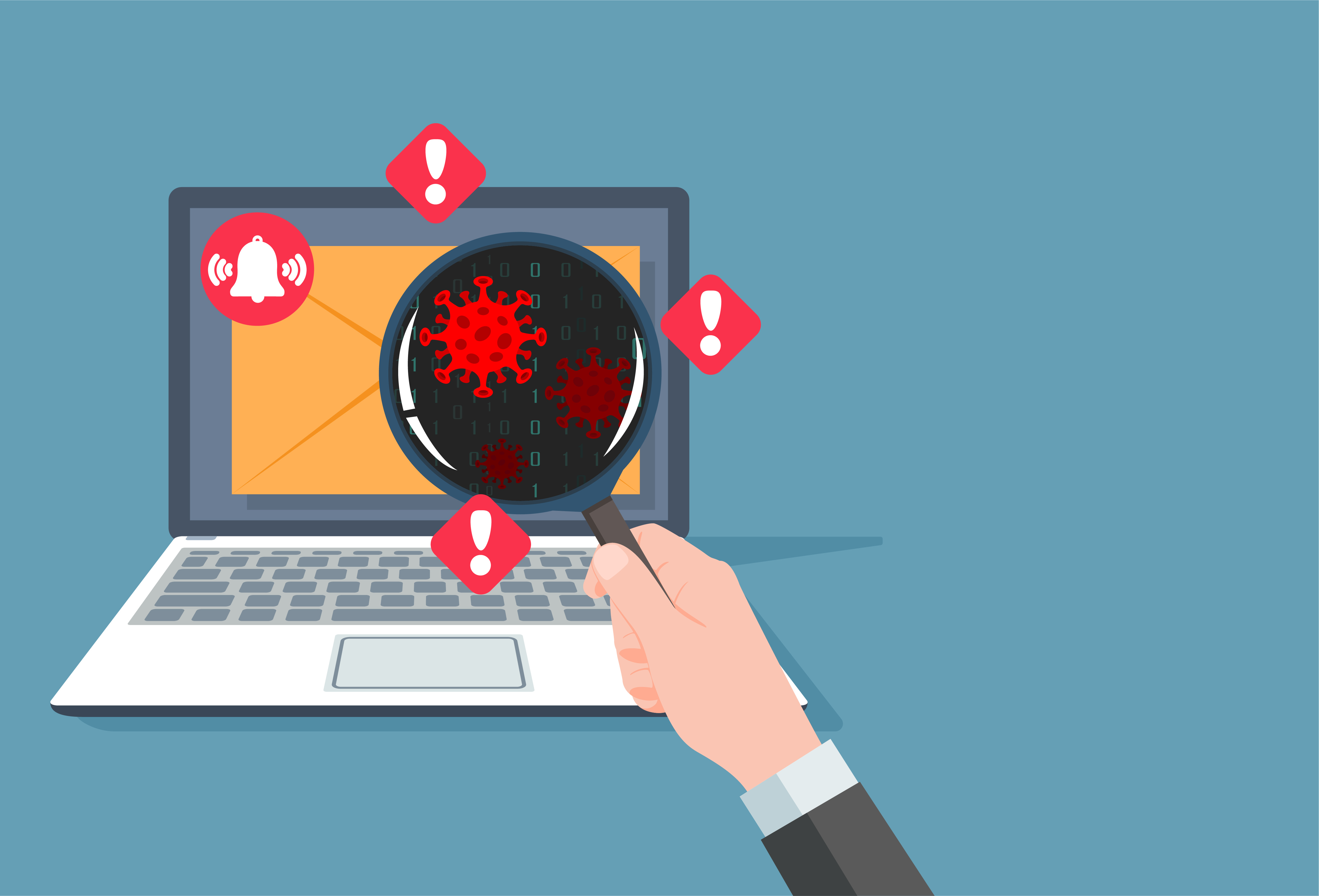 Illustration of malware icons on a laptop with a hand holding a magnifying glass to show a vrus.