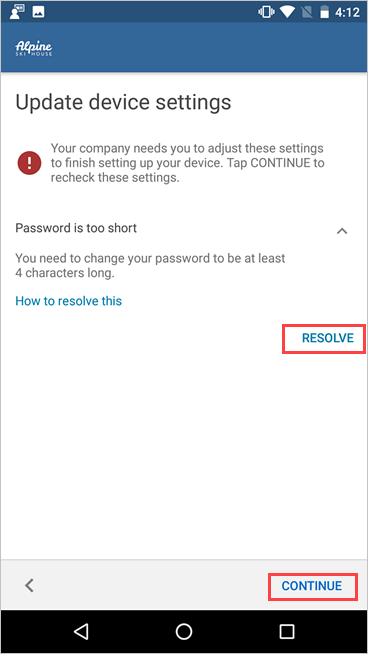 Example image of Company Portal, Update device settings screen, highlighting Resolve and Continue buttons.
