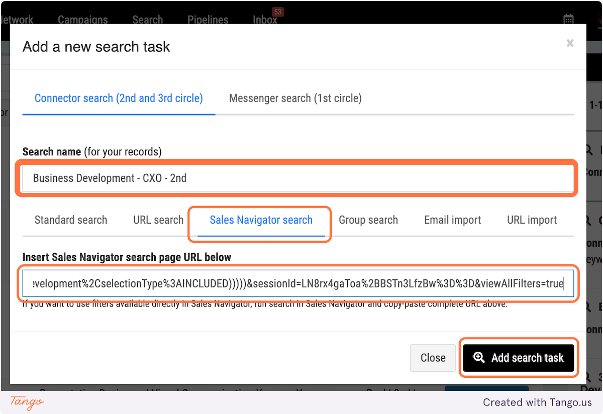 Create a title for your search. Click on URL Search. Paste the LinkedIn URL & click on Add Search Task.