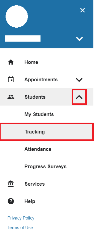 The tracking option selected in the Students drop down page in Starfish's menu
