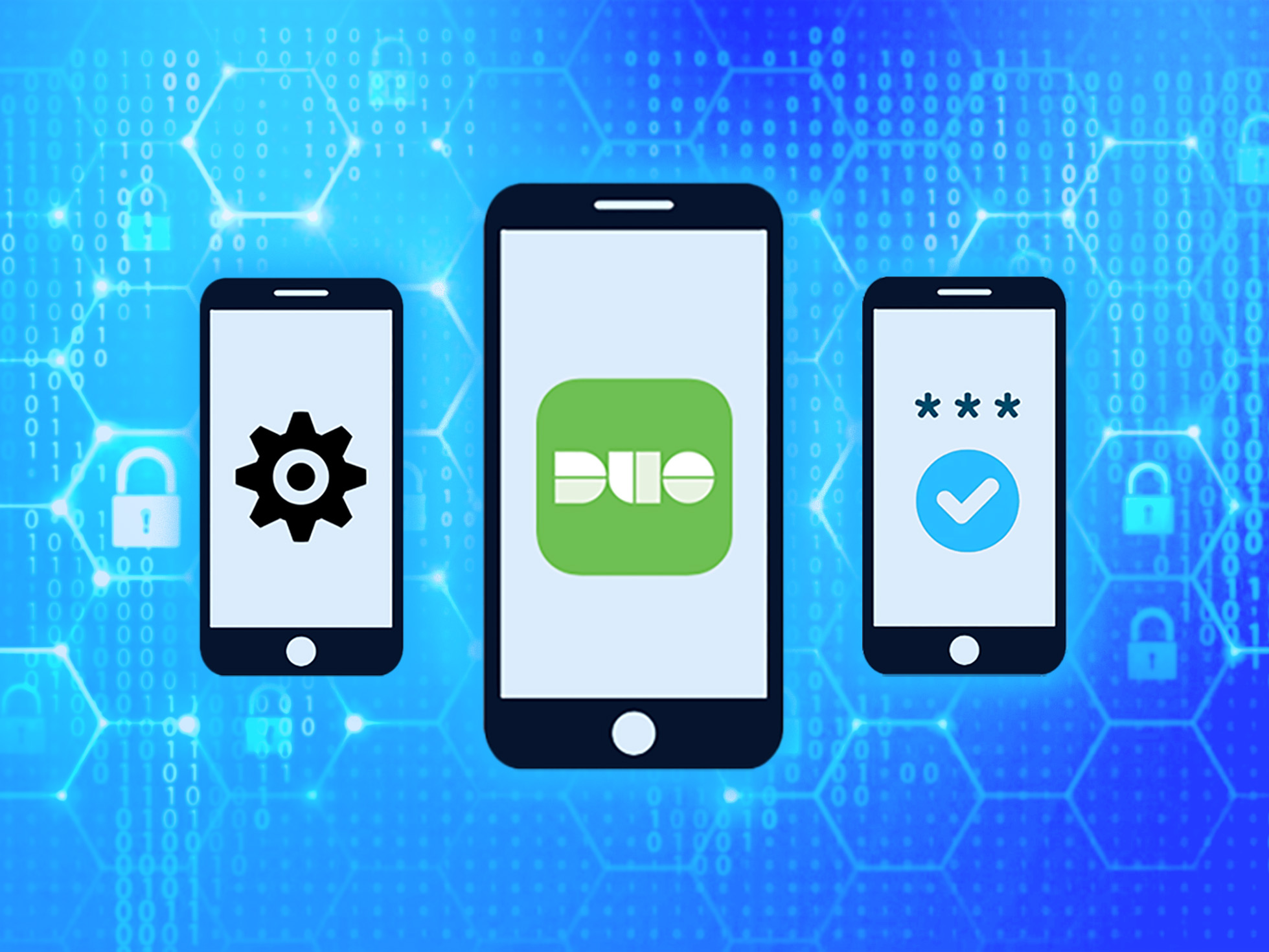 Illustration of three phones with screens showing the Duo logo, a settings gear icon, and a checkmark.