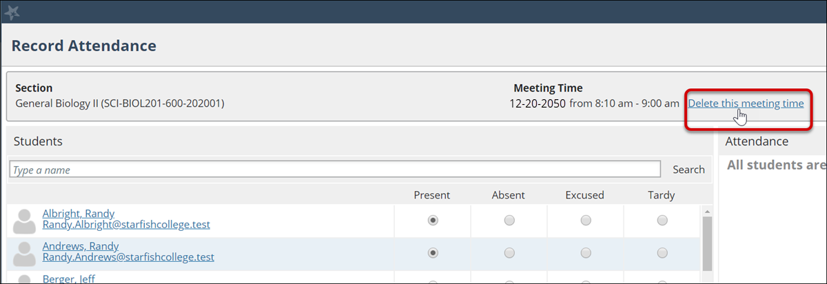 The delete this meeting time button in the Record Attendance window