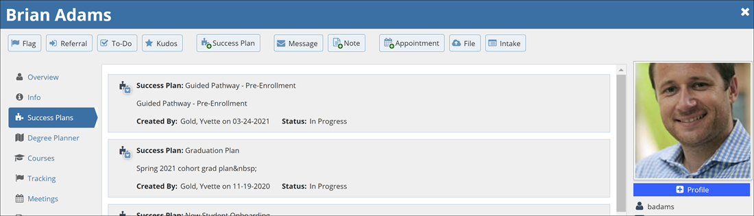 A display of a student's Success Plans tab within the Student Folder