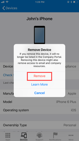 Screenshot of the Company Portal app Devices screen, showing options after user has clicked Remove Device button. Shows red highlighted 