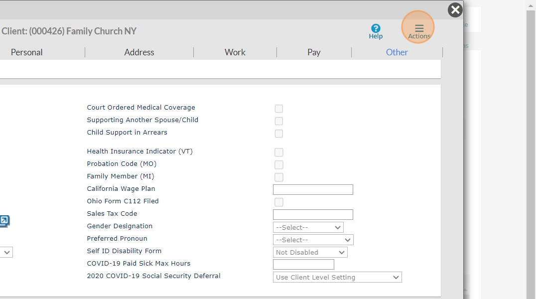 Screenshot of: The Action bar in the top right corner gives you additional details about the employee.