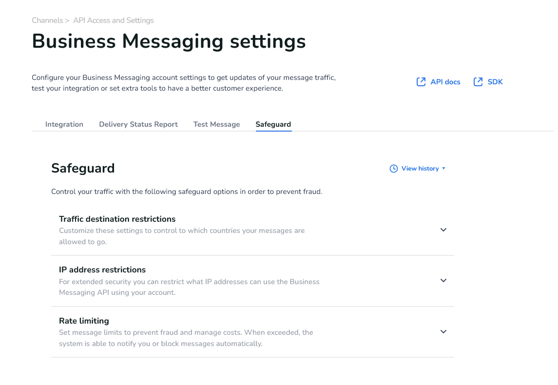 The Traffic destination restrictions can be found on the Business Messaging settings under the API Access and Settings page in Channels.