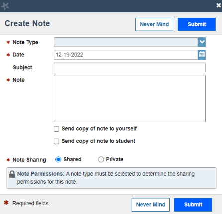 A Create Note window displaying the options to select the Note Type, Date, Subject, Note, and choose if a copy should be sent to yourself or the student