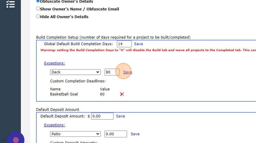 Screenshot of: Add the days the project must be completed, and click 