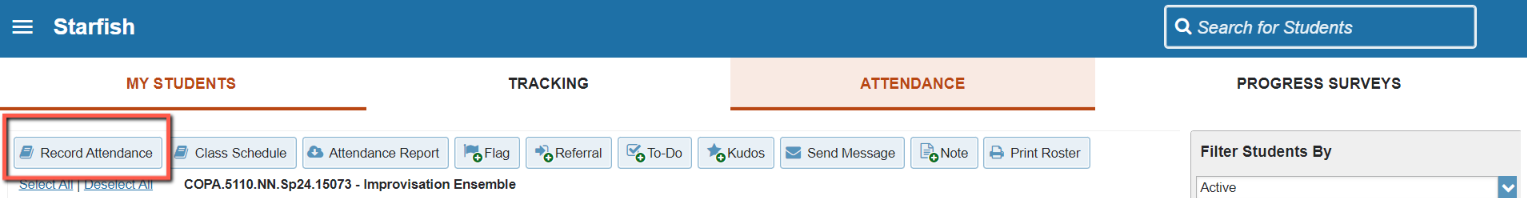 The Record attendance button highlighted in the record attendance tab 