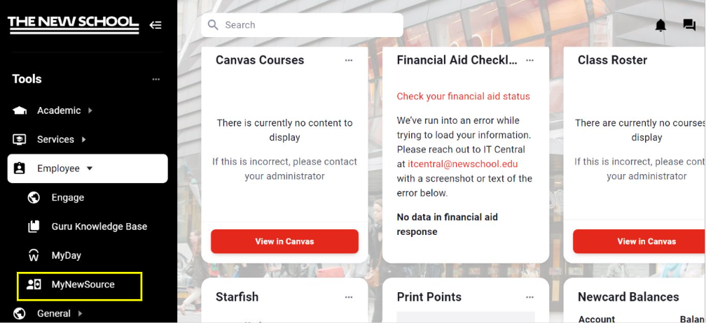 Screenshot showing the location of MyNewSource in the Employee tab under the Tools section in MyNewSchool.