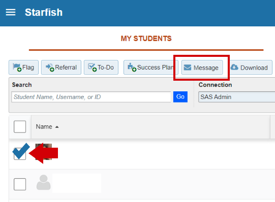 A checked box of a selected student profile and a box highlighting the message button in Starfish My Students tab