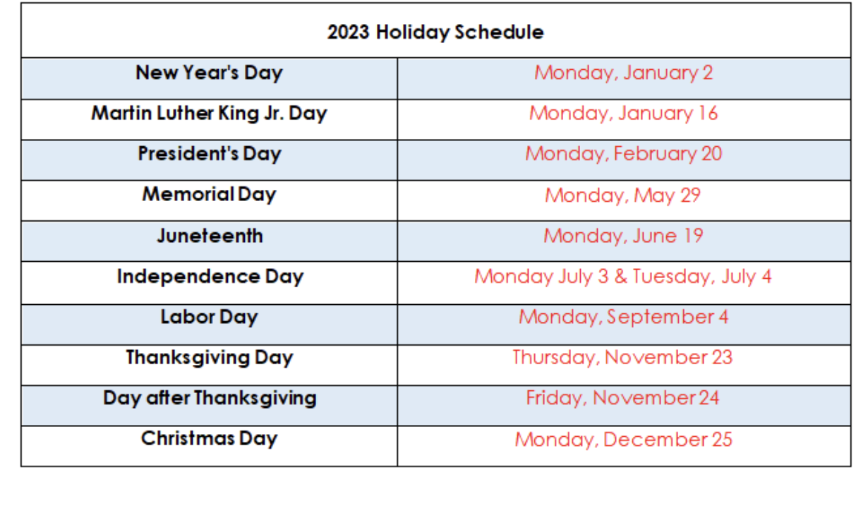 2023 Holiday Schedule Guru