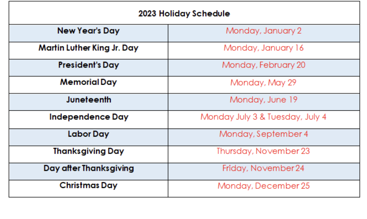 2023 Holiday Schedule | Guru