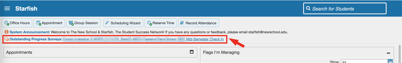 A box around the Outstanding Progress Surveys link 