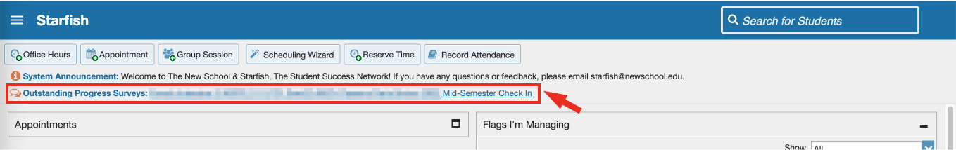 Starfish Dashboard, highlighting the Outstanding Progress Survey Banner