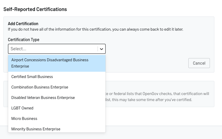 Vendor DBE (Disadvantaged Business Enterprise) Certifications