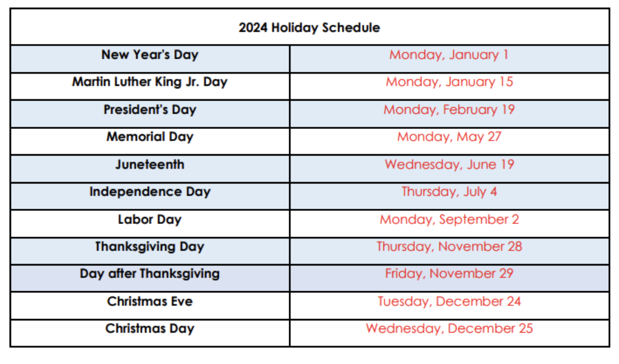 2024 Holiday Schedule | Guru