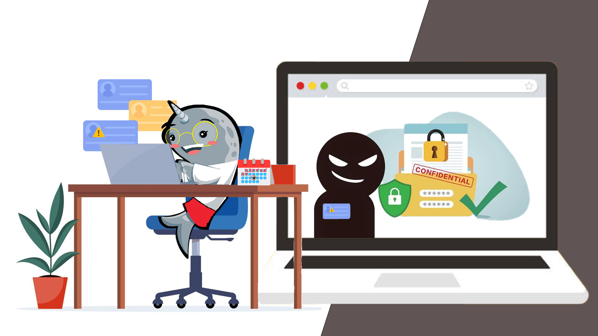 Illustration of Gnarls sitting at a desk with laptop open and a large computer screen with icons for a lock, cyber shield and checkmark