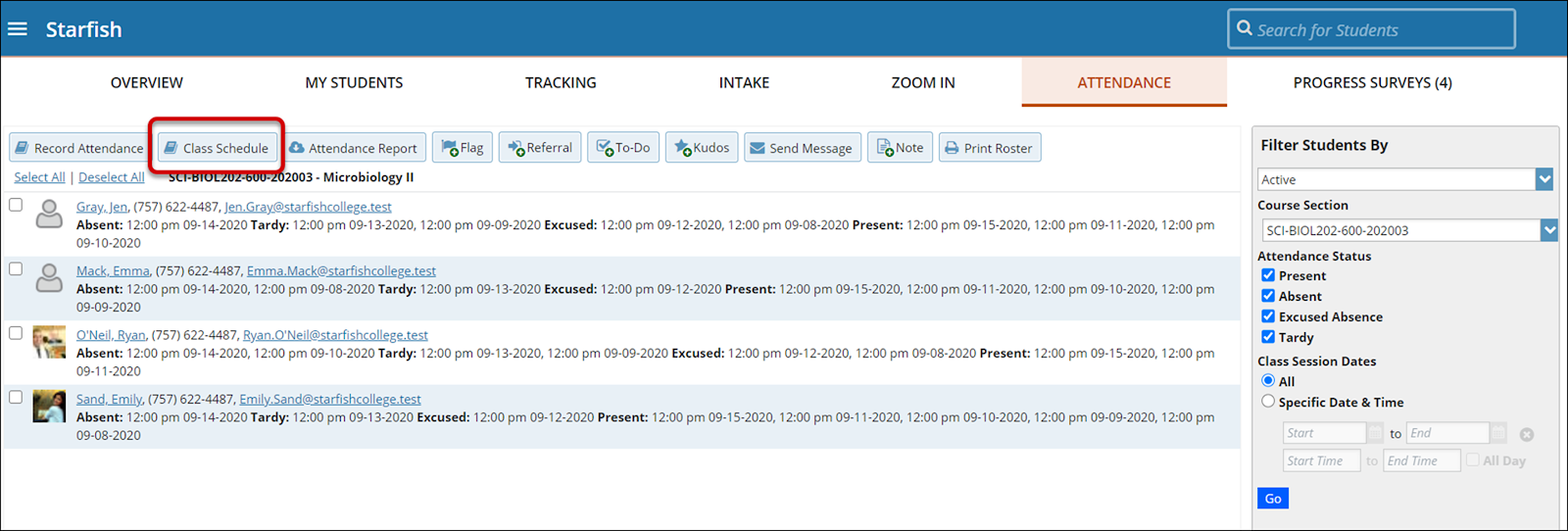 The Class Schedule button highlighted in the Attendance tab 