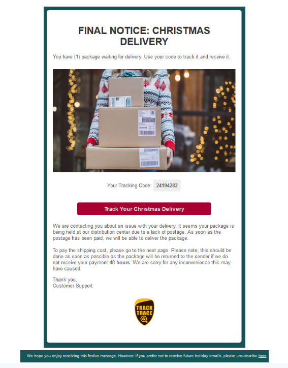 Screenshot of Christmas Delivery notice including photograph of a person holding a pile of packages. Text is listed below.