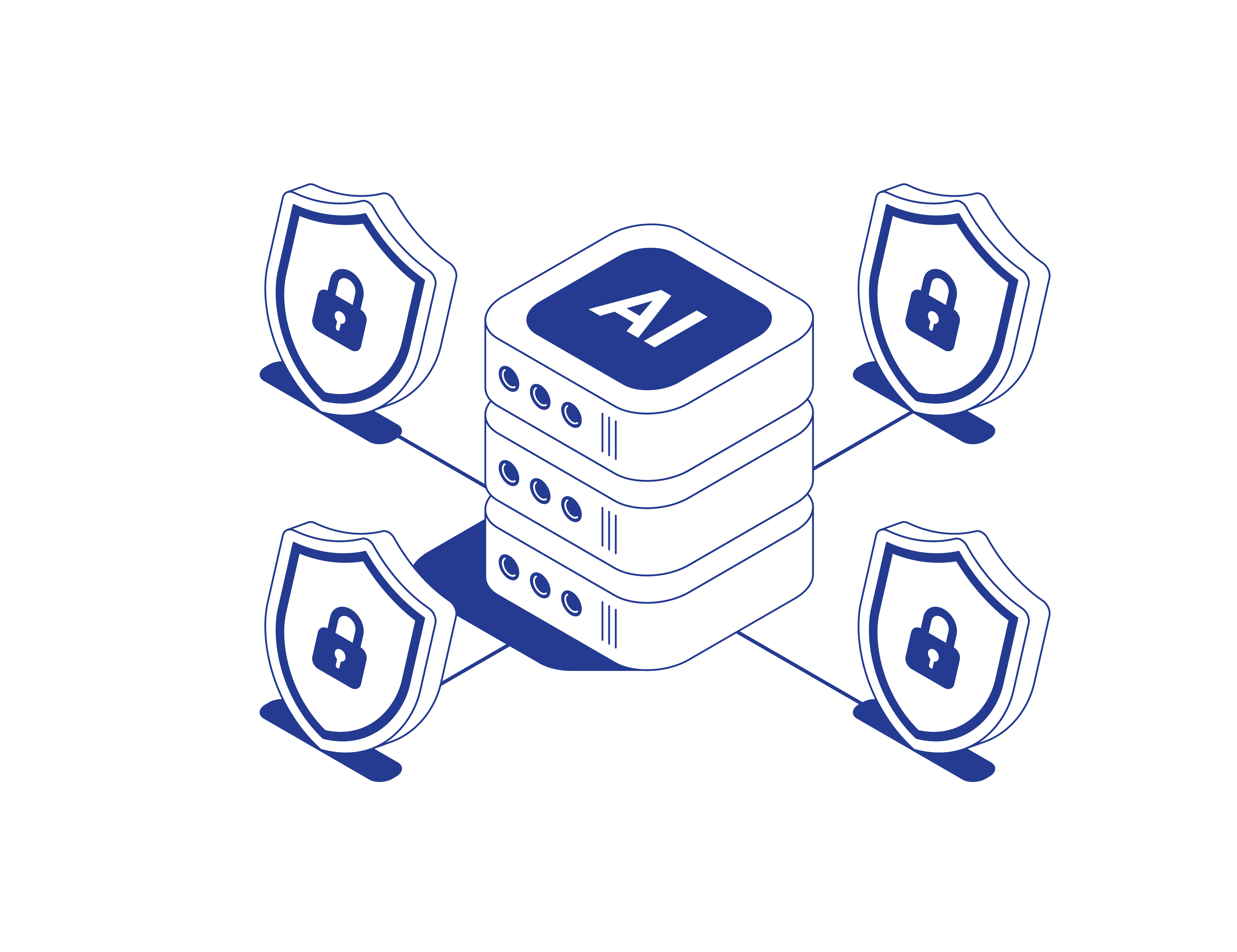 Illustration of a hard drive with 'AI' written on it with 4 shields with locks on them pointing to each side.