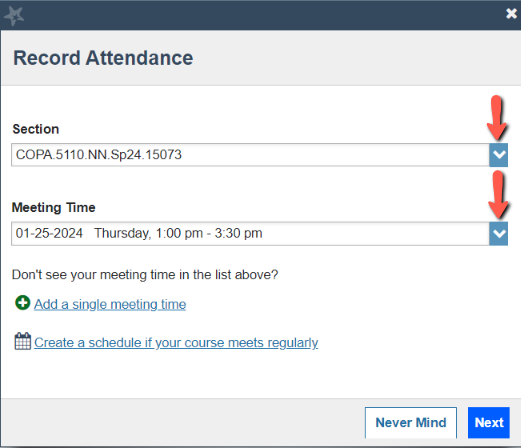 A screenshot of the meeting times section in the record attendance tab