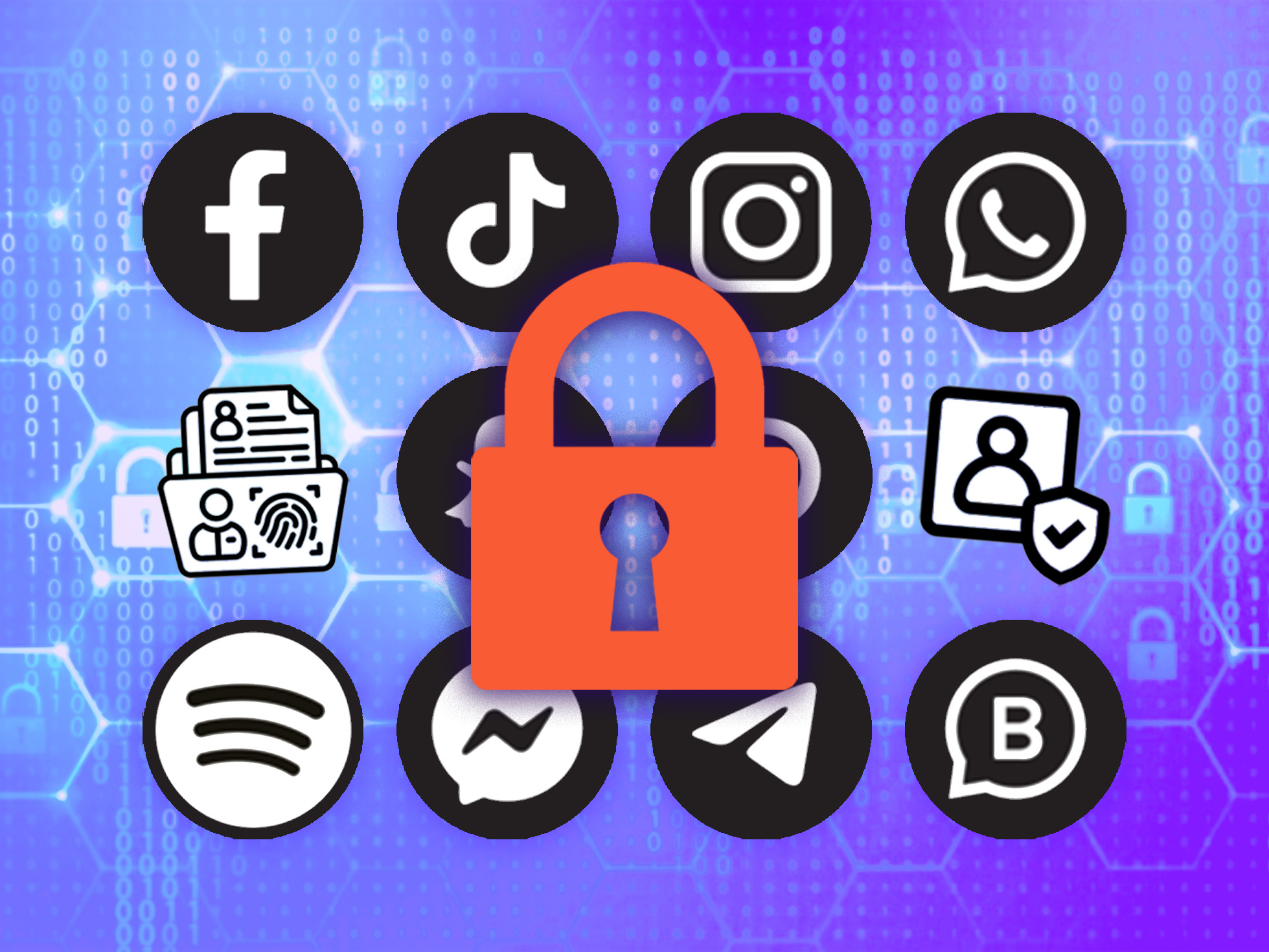 Illustration of an orange lock in front of the logos for several commonly used apps including Facebook, Instagram and Tik Tok.
