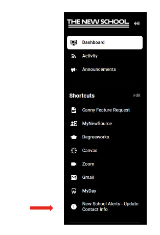 Screenshot showing the location to update New School Alerts in MyNewSchool.
