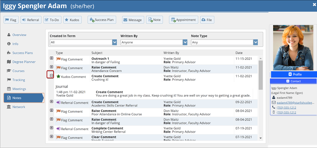 Student Folder displaying the Notes Tab for example student Iggy Spengler the negative and postive toggle sign is circled.png