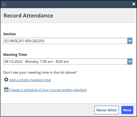 The Record Attendance window 