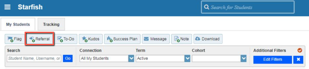The referral button in My Students tab