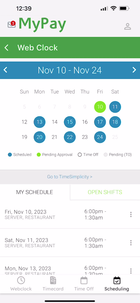 New MyPay web clock shift pending approval.png