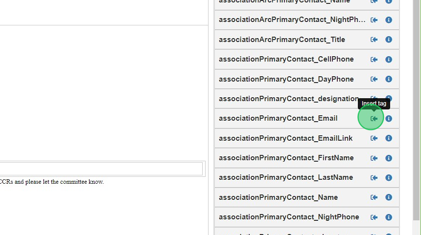 Screenshot of: Once you have found it, Click here, and it will insert the merge field that you need.